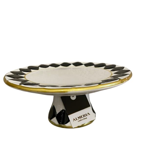 Almeria 8in Checkered Cake Stand Black White Ceramic MacKenzie Style Decor New - Picture 9 of 13